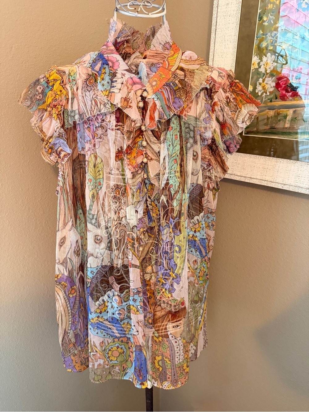 Zimmerman Silk Paisley Print Ruffled cap Sleeved Blouse with Velvet Bow Tie - Picture 2 of 10